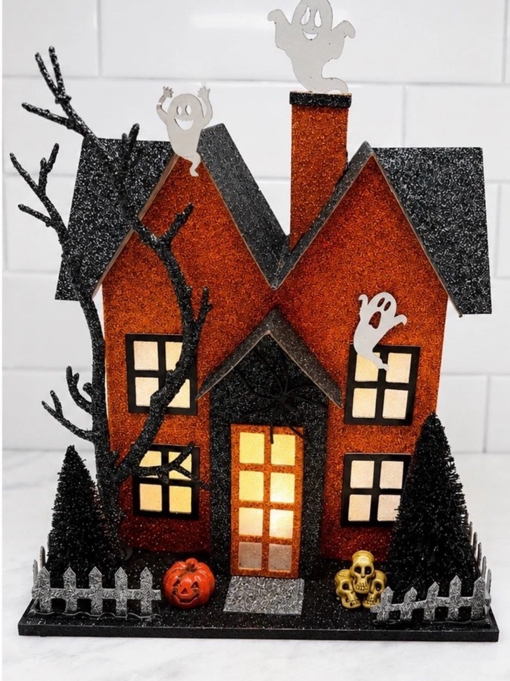 Bella Lux Halloween Putz Style Orange Glitter LED Halloween Ghost House NWT